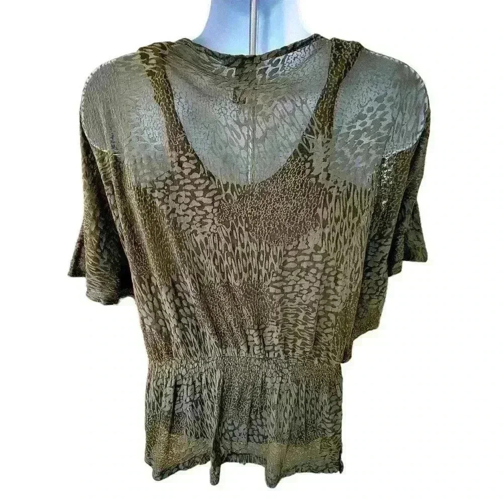 Alfani Sheer Blouse Top Olive Green Animal Print Beaded Neckline 2 Piece Size L - Picture 5 of 9